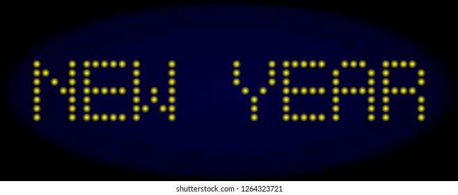 New Year title in LED style with round glowing pixels. Vector bright yellow letters forms New Year text on a dark blue background. Digital font with round elements.