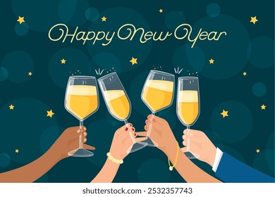 New Year toast with hands holding champagne glasses, Vector