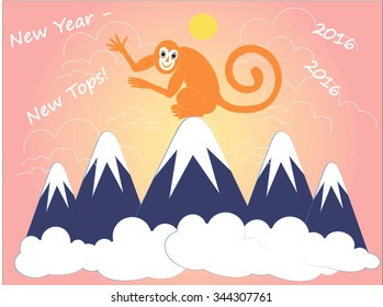 New year - new tops, 2016. Greeting card. Red monkey is sitting on top of the blue snow-capped mountains. For travel agencies, alpine club, tour club, hiking clubs Hiking, tourists, businessmen