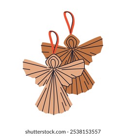 New Year toy angels isolated on background. Vector angel icon or sticker. Fir tree toy for Christmas tree or home decoration. Christian symbol of well being on winter holidays. Souvenir with wings.