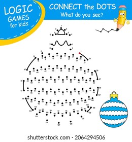 New Year Toy. Connect the dots by numbers to draw the christmas toy. Winter symbol. Dot to dot Game and Coloring Page with cartoon Christmas Ball. Logic Game for Kids learning counting number.
