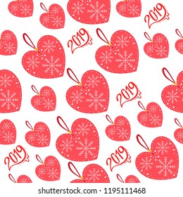 New Year toy heart 2019, repeat pattern with christmas toy, vector illustration isolated on white background