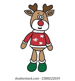 New Year Toy Reindeer in Sweater with Snowflakes Design Element of Greeting Cards, Banners and Sticker.