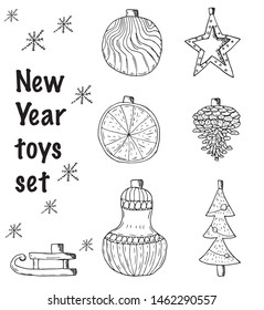 New Year toy set in hand drawn style. Isolated on white background. 