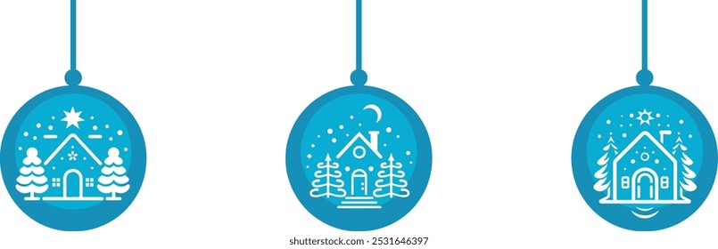 Brinquedos de Ano Novo com casas de inverno fabuloso e árvores, decorações de Natal na forma de natureza e o céu estrelado, ícones azuis