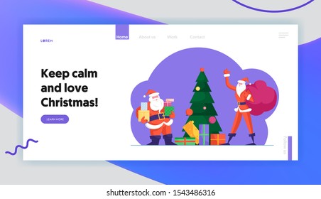 New Year Tradition Website Landing Page. Fat Slim Santa Clauses Delivering Presents at Christmas Night. Father Noel Carry Sack with Gifts to Xmas Tree Web Page Banner. Cartoon Flat Vector Illustration