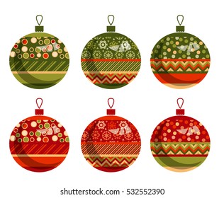 New Year traditional ornament patchwork xmas bubbles illustration. cozy Christmas bulbs motif with assorted fabrics. red and green abstract Christmas vector element.