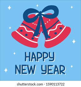 New Year traditional pink bells with classic blue ribbon in scandinavian hand drawn style with lettering. Vector illustration, one simple bright object, square format for social media.