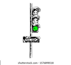 New Year Traffic Lights With Snow. Winter In Line Art Style. 