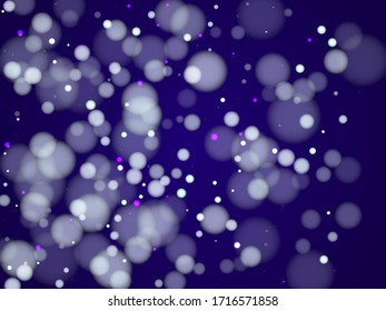 New year transparent bokeh lights wallpaper design. White abstract snowflakes over dark blue background. Blurred bokeh lights flare effect circle elements party banner backdrop
