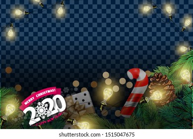 New Year transperent background with Christmas garland. Vector illustration. Vector christmas frame with pine branches. Transparent background with space for design.