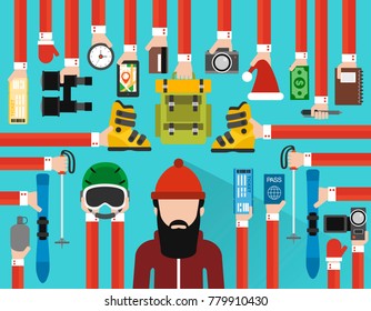 New Year travel design flat with skier.Vector illustrator