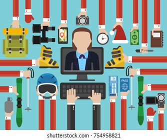 New Year travel online sale of tickets for ski resorts flat.Vector illustration