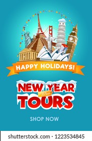 New year travel promo flyer design. Vector illustration