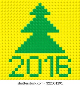 New Year tree and 2016 in plastic construction kit texture on yellow