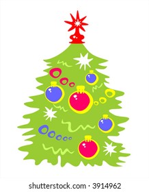 New Year tree with balls and stars on a white background.