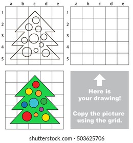 New Year Tree to be duplicated using grid sells. Drawing tutorial to educate preschool kids with easy kid educational gaming and primary education of simple game level of difficulty.