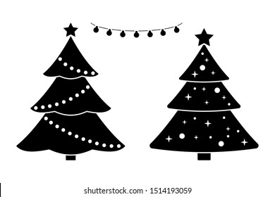 New Year tree black and white vector icon pictogram set