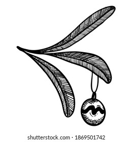 New Year tree branch with ball toy on isolated white background. Christmas element in hand draw style. Vector illustration.
