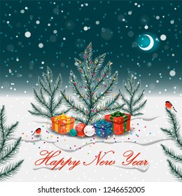 New year tree branches and holiday gifts. Vector illustration.