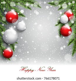 New year tree branches on the postcard background. Vector illustration.