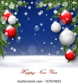 New year tree branches on the postcard background. Vector illustration.