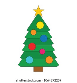 New Year Tree cartoon. Outlined illustration with thin line black stroke