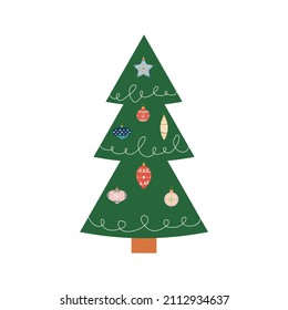 New year tree with christmas balls and garland. Flat isolated illustration. Element for card, poster, banner, invitation, web, app