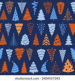 Fondo de repetición de la Navidad en el árbol de Año Nuevo. Xmas símbolo tradicional trendy sin inconvenientes patrón ilimitado. Diseño interminable de madera de pino noel para impresión de papel, embalaje textil de tela, plantilla de fondo
