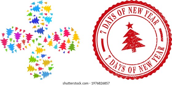 New year tree colored exploding flower with 4 petals, and red round 7 DAYS OF NEW YEAR grunge rubber print. New year tree symbol inside round badge.
