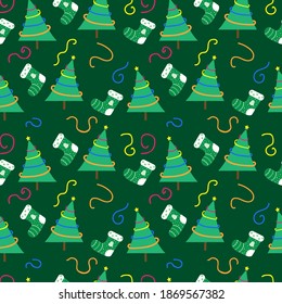 New Year tree with colorful garlands and a Christmas sock on a green background. Seamless fabric. Vector illustration.