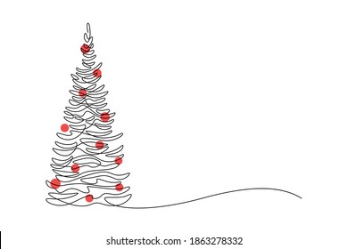 New Year tree in continuous line art drawing style  Christmas tree decorated and red balls  Minimalist black linear design isolated white background  Vector illustration