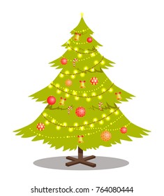 New Year tree decorated by lighting garlands, bells, golden bells and candy sticks vector illustration isolated on white, Merry Christmas concept