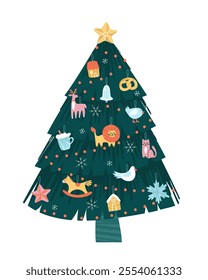 New Year tree decorated with toys. Many toys hang on the tree, houses, birds, animals, star and snowflakes. Festive fir tree on isolated background. Flat vector illustration