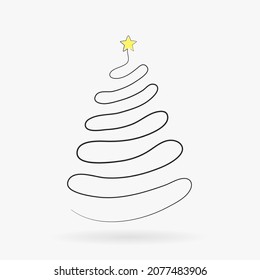 New Year tree design in continuous line art drawing style. Christmas tree with yellow star. Minimalist black linear sketch isolated on white background. Vector illustration.