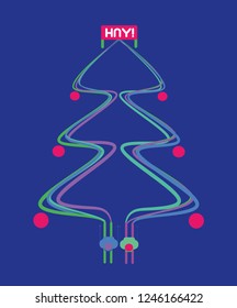 New Year tree formed by two skier riding downhill. Vertical. Blue background. Good for congratulations as card.
