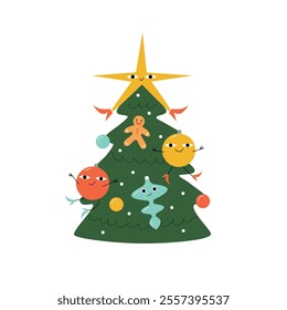 New Year Tree with funny cartoon characters, star, gingerbread, decoration, balls, lights. Merry Christmas greeting card, banner. Vector illustration in trendy flat style of cute Christmas tree. 