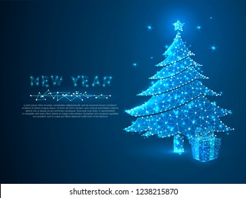 New year tree and gift box made from lines, triangles, point connecting network on blue background. Holiday wireframe concept. Low-poly Vector polygonal illustration