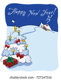 New Year tree, gift and a house in the distance, New Year's landscape, background for a postcard, etc.