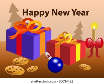 new year with tree and gifts Christmas , card. vector