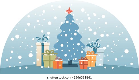New Year tree and gifts in snow. Christmas illustration of a festive tree with a star and gifts under the tree. Snow falls on gifts, New Year atmosphere