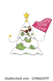 New Year tree, in glasses, cones of eyes, star, balls, celebrates, Bengal fire, congratulates with new year