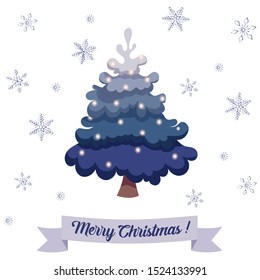 New year tree with glowing lights and snowflakes. Christmas fir tree illustration on white background. Vector flat illustration