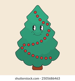 New Year tree in groovy style.Christmas retro design.Vector.