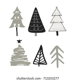 New year tree hand drawn collection. Comic unique Christmas set. Vector illustration.