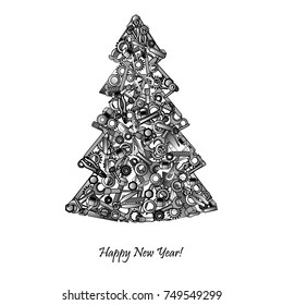 New year tree from hand tools. Unusual design for hardware store. Vector illustration. Greeting card from instruments.