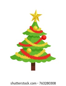 New Year tree icon on stand decorated by colorful garland vector illustration in Christmas concept isolated on white background. Winter holidays symbol