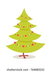 New Year tree icon on stand decorated by colorful garland vector illustration in Christmas concept isolated on white background. Winter holidays symbol