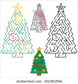 New Year Tree, the labyrinth simple horizontal maze for nerdy children. Search hidden way, the educational game for kids.