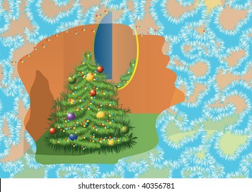 New Year tree with lights and decorations in a brightly lit room seen through the frosted window.